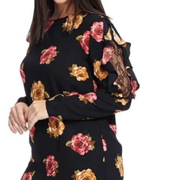 Nicole Miller Studio Women's Black Red Orange Floral Ruffle Long Sleeve Dress - Picture 2 of 16